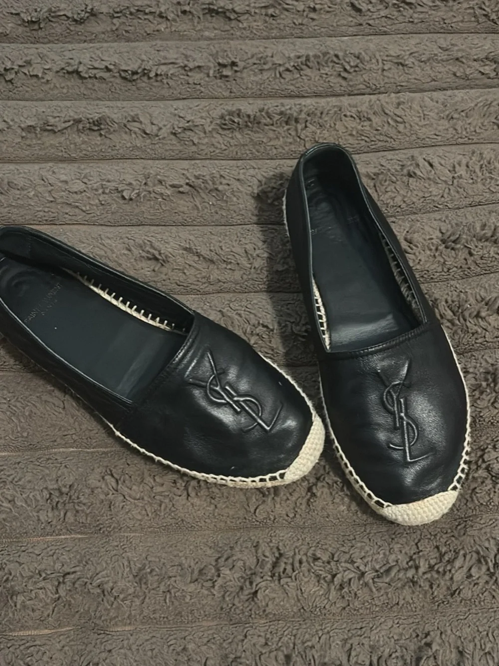 Saint Laurent Black Leather Espadrille Flats with YSL Logo